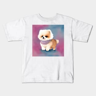 Cute Pomeranian Puppy Wearing a Scarf Art 1 Kids T-Shirt